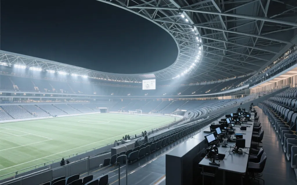 世界杯决赛级场馆的看台、媒体区与安保动线概念示意